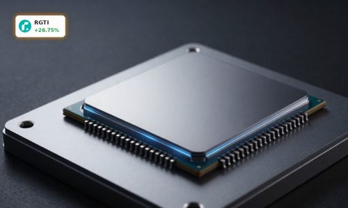 Rigetti Computing Funding Deal concept with superconducting quantum processor chip on dark premium background