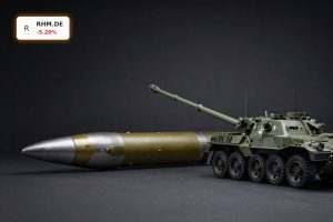 Rheinmetall Earnings symbolized by premium artillery shell and armored vehicle model