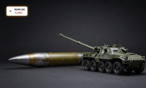 Rheinmetall Earnings symbolized by premium artillery shell and armored vehicle model