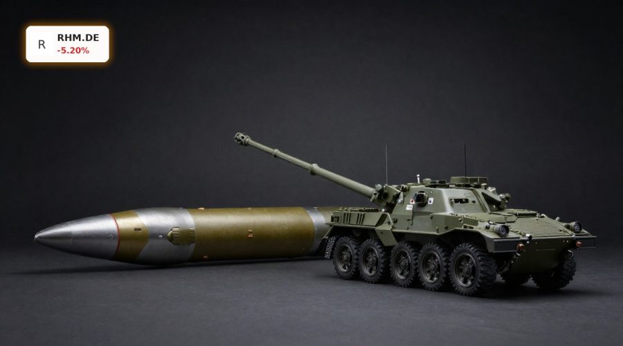 Rheinmetall Earnings symbolized by premium artillery shell and armored vehicle model