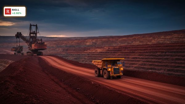 Massive open-pit iron ore mine at dusk representing Rio Tinto Earnings.