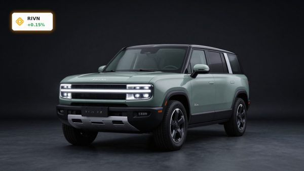 Rivian R2 electric SUV in premium studio lighting, highlighting affordable EV design and growth potential