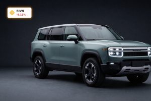 Rivian R2 Launch midsize electric SUV in dramatic studio lighting as investors weigh profitability