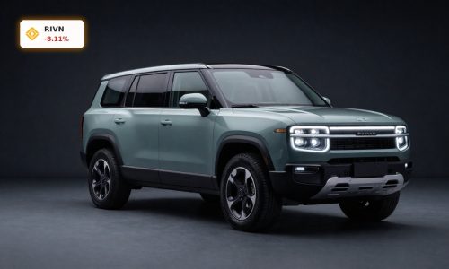 Rivian R2 Launch midsize electric SUV in dramatic studio lighting as investors weigh profitability