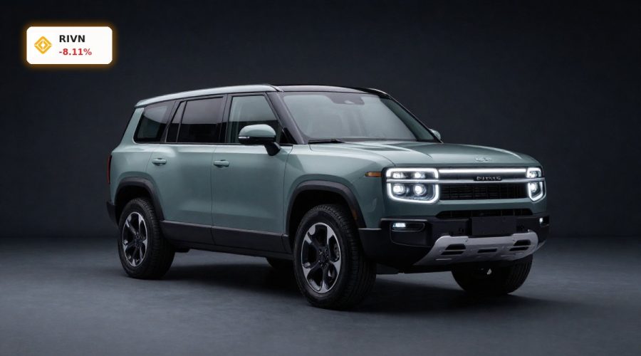 Rivian R2 Launch midsize electric SUV in dramatic studio lighting as investors weigh profitability