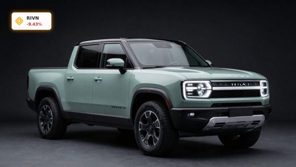 Rivian Stock Offering highlighted with a Rivian electric pickup in dark studio lighting after $1.2B share sale