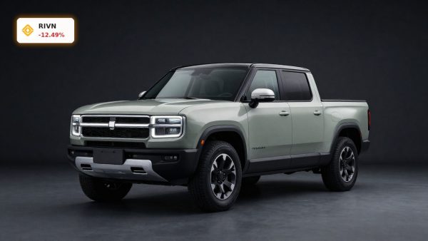 Rivian Share Offering spotlight on a Rivian electric truck in dark studio lighting after the $1.5 billion raise