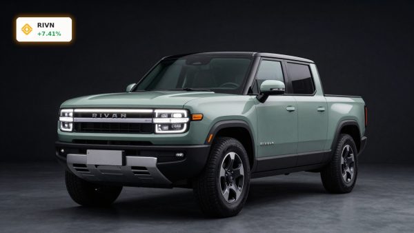 Rivian Share Offering highlighted with a Rivian electric pickup truck in premium studio lighting
