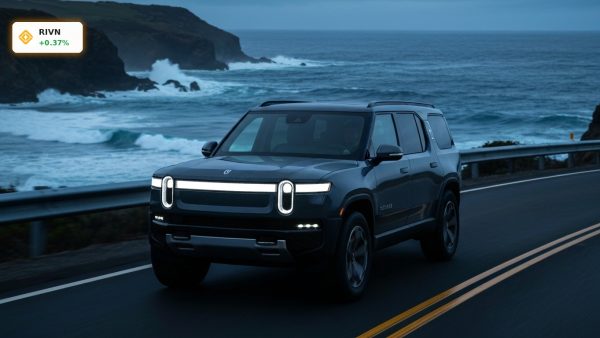 A premium electric SUV showcasing the strong Rivian Price Action on a coastal highway.