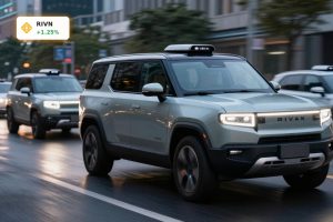 Rivian AI Strategy illustrated by autonomous R2-style electric SUVs operating as robotaxis in a modern city