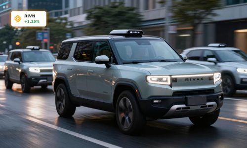 Rivian AI Strategy illustrated by autonomous R2-style electric SUVs operating as robotaxis in a modern city
