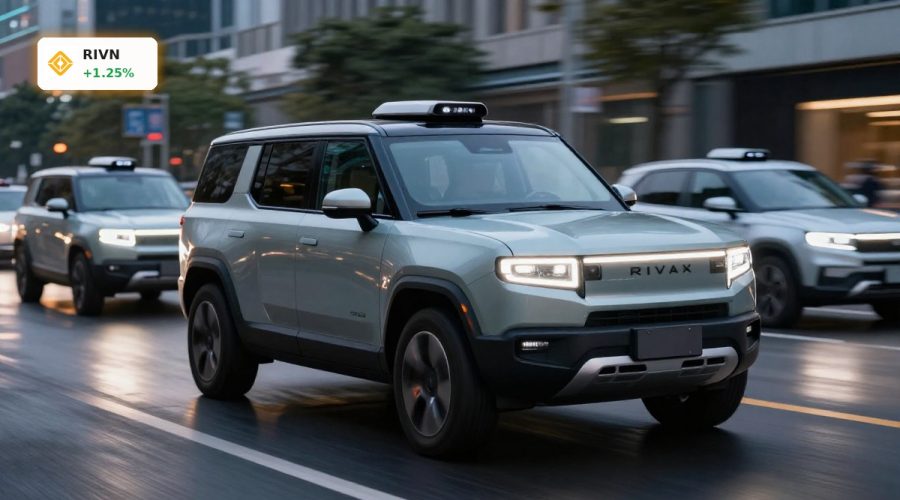 Rivian AI Strategy illustrated by autonomous R2-style electric SUVs operating as robotaxis in a modern city