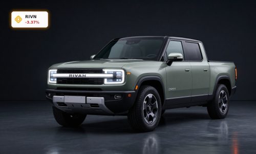 Rivian Insider Buying focus with Rivian electric pickup truck in dark studio lighting