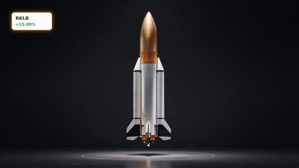 Rocket Lab Nasdaq-100 Inclusion spotlighting a Rocket Lab Electron rocket in premium studio lighting