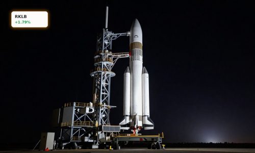 Rocket Lab SpaceX IPO theme illustrated by a Rocket Lab Electron rocket on a night launch pad
