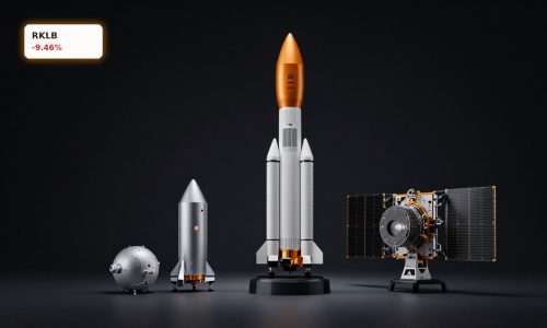 Rocket Lab Earnings spotlighted with Electron rocket and satellite hardware under dramatic lighting