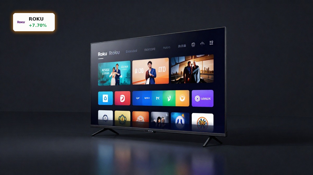 Roku Home Screen displayed on a modern smart TV with premium streaming interface and cinematic product lighting