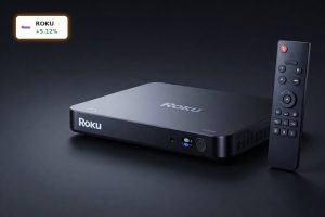 Roku Earnings optimism reflected by premium Roku streaming device and remote on dark background