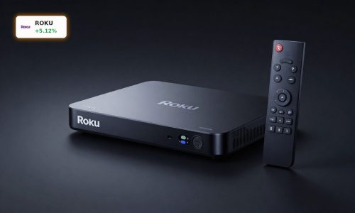 Roku Earnings optimism reflected by premium Roku streaming device and remote on dark background