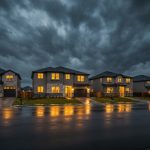 Modern residential homes under a dark storm sky, illustrating the Rollins Earnings slowdown.