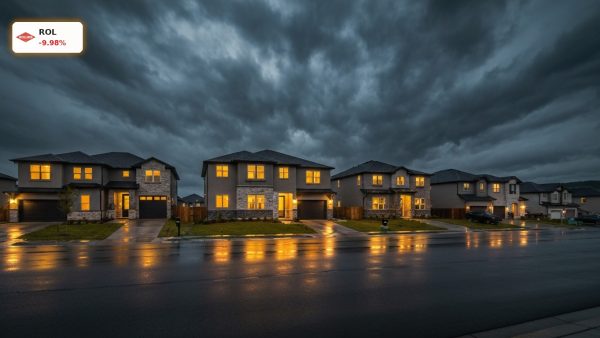 Modern residential homes under a dark storm sky, illustrating the Rollins Earnings slowdown.