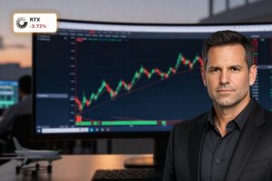 RTX Earnings Q1 beat with stock chart showing post-report 3.7% decline on trading screen.