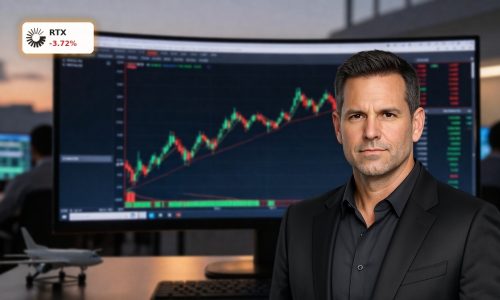 RTX Earnings Q1 beat with stock chart showing post-report 3.7% decline on trading screen.