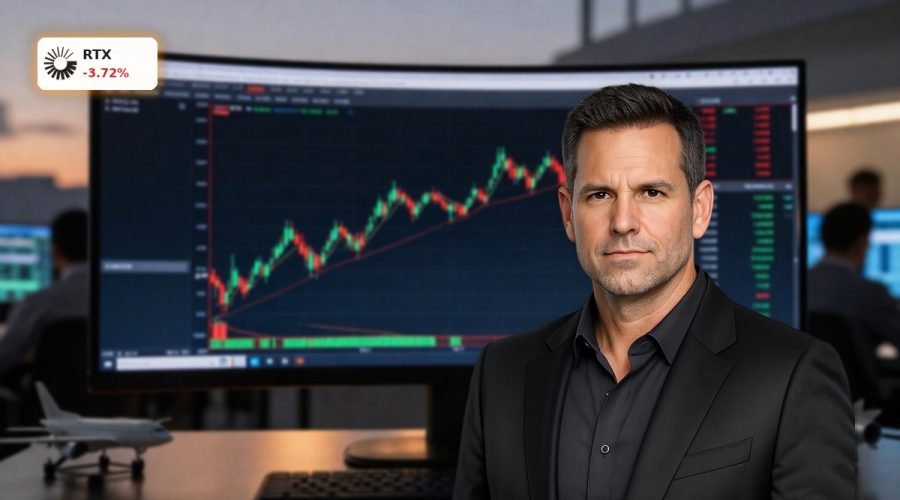 RTX Earnings Q1 beat with stock chart showing post-report 3.7% decline on trading screen.