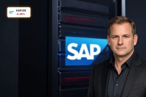 SAP Forecast under pressure symbolized by SAP logo on dark cloud servers after JPMorgan downgrade