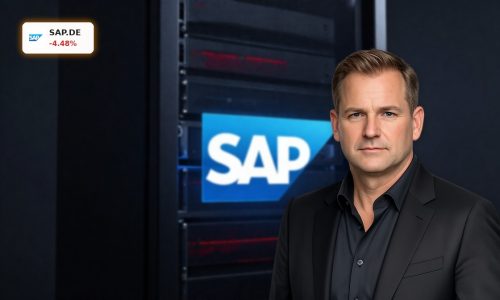 SAP Forecast under pressure symbolized by SAP logo on dark cloud servers after JPMorgan downgrade