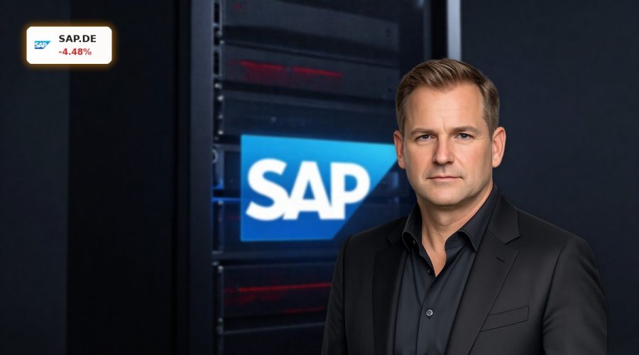 SAP Forecast under pressure symbolized by SAP logo on dark cloud servers after JPMorgan downgrade