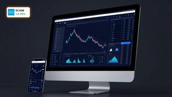 Charles Schwab 200-Day Average concept with premium brokerage platform on monitor and smartphone in dark studio