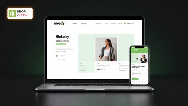 Shopify Forecast concept with e-commerce dashboard on laptop and mobile storefront in cinematic product-style lighting