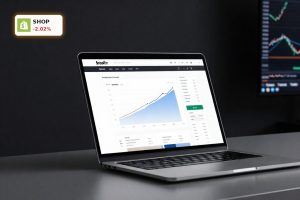 Shopify Earnings Q1 focus with ecommerce dashboard and volatile stock market backdrop