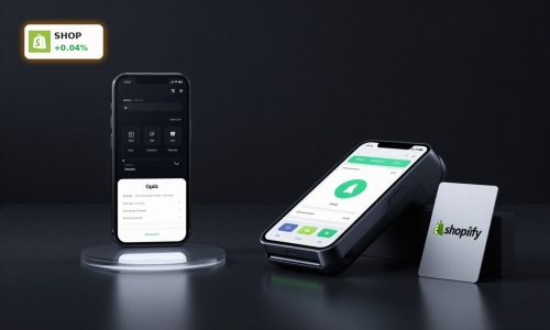 Shopify Payments Strategy highlighted with payment terminal and checkout card in premium fintech product scene