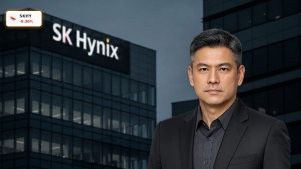 SK Hynix IPO corporate headquarters building glowing at dusk.