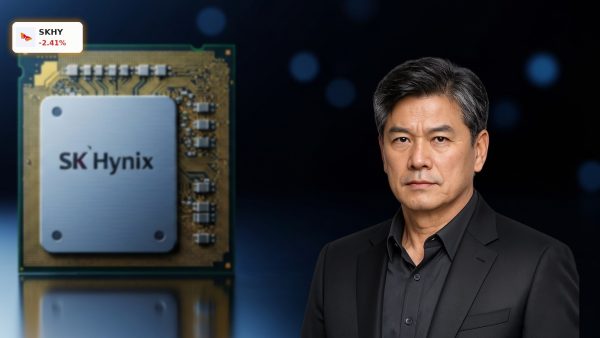 SK Hynix ETF trading launch represented by a high-tech SK Hynix semiconductor chip with golden circuits.