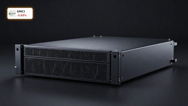 Super Micro Computer Stock Offering highlighted with AI server hardware in a dark studio setting