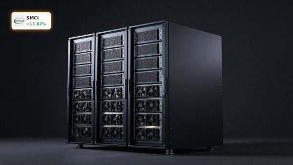 Super Micro Computer Financing highlighted by premium AI server rack hardware on a dark studio background