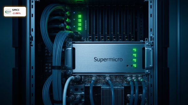 Super Micro Computer Earnings report details high-tech AI server racks in a modern data center facility.