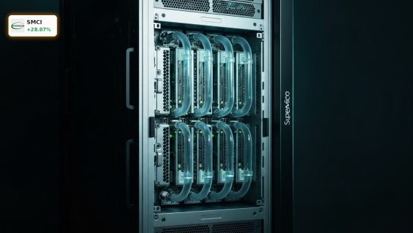 Advanced liquid-cooled AI servers highlighting the Super Micro Computer Earnings surge and massive backlog.