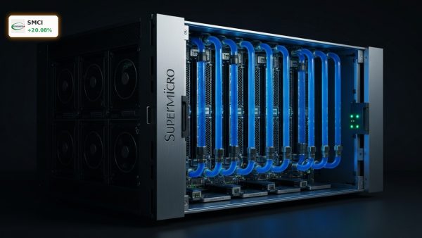 Advanced liquid-cooled server rack representing the surge in Super Micro Computer Margins.