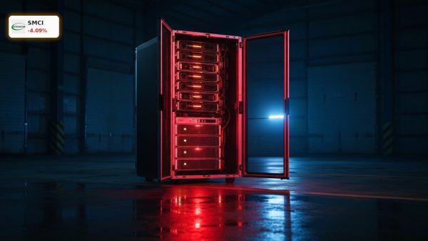 A high-tech server rack in a dark warehouse representing the Super Micro Computer Probe.