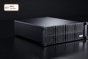 AI server rack under scrutiny symbolizing Super Micro Computer Export Scandal and stock crash