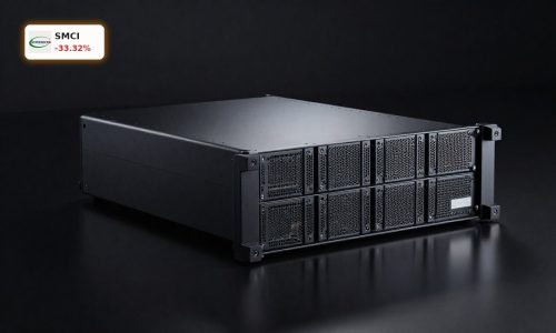AI server rack under scrutiny symbolizing Super Micro Computer Export Scandal and stock crash