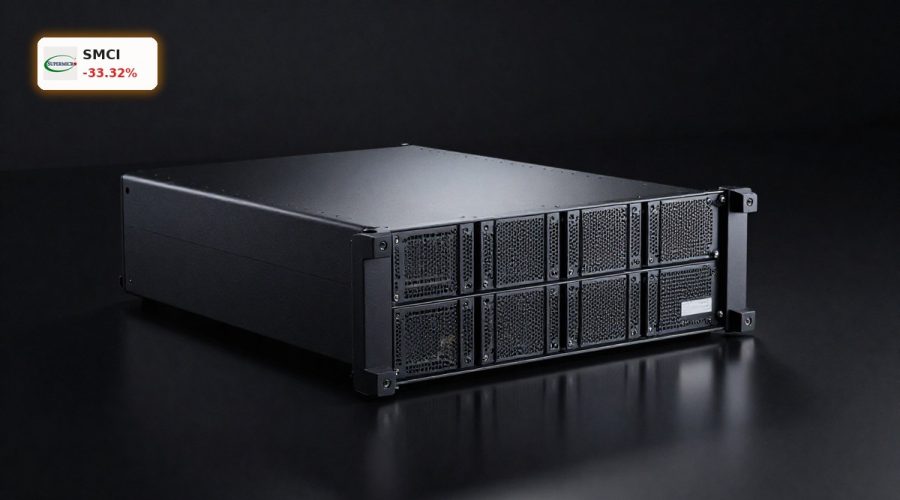 AI server rack under scrutiny symbolizing Super Micro Computer Export Scandal and stock crash