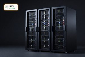High-end AI server racks under dramatic lighting amid Super Micro Computer Scandal market turmoil