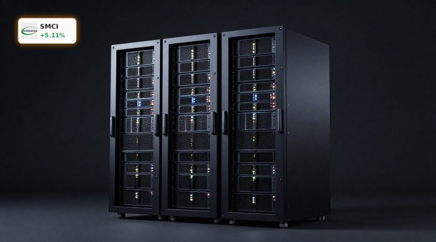 High-end AI server racks under dramatic lighting amid Super Micro Computer Scandal market turmoil