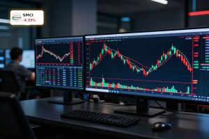 Super Micro Analysis stock chart concept with sharp price drop and AI market volatility