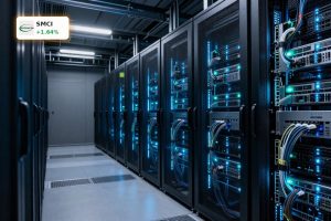 High-end AI server racks in a data center highlighting Super Micro Computer Forecast risks and growth.